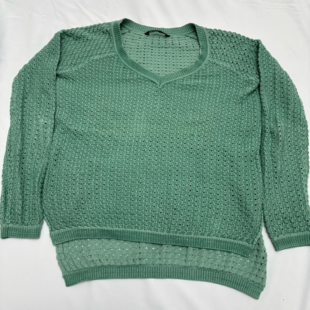 BCBG Kent Green V-Neck Sweater with Ribbed Texture
